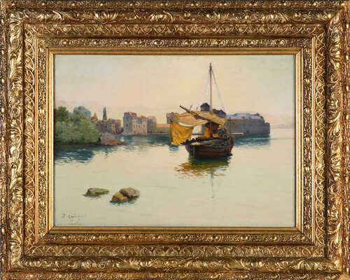 Майковский Ипполит Данилович. Морской пейзаж с парусником (на заднем плане Каштел-Гомилица в Далмации). 1938 г.